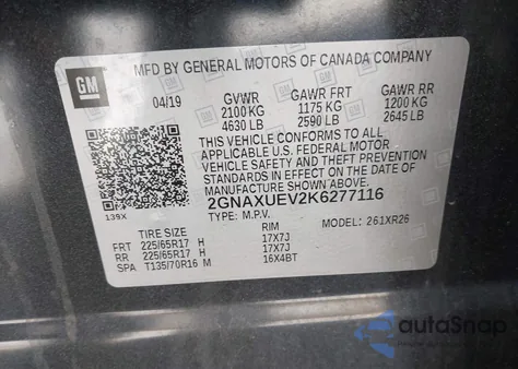 2019 Chevrolet Equinox Lt z USA, uszkodzony, nr VIN 2GNAXUEV2K6277116